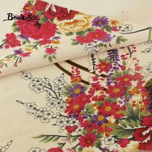 Booksew Cotton Linen Fabrics Beige Tecidos Quilting Tissue DIY Tablecloth Bag Curtain Red Flowers Designs Crafts Tela Algodon
