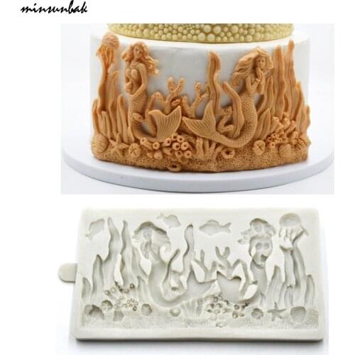 Minsunbak Beautiful Mermaid Silicone Mold DIY Marine Series Coral Seaweed Fondant Cake Decoration Tool