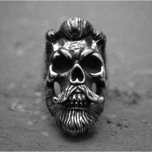Cool Mens Bearded Mustache Gentleman Skull Rings 316L Stainless Steel Punk Biker Jewelry Silver Color