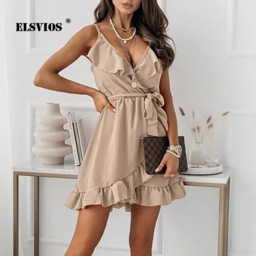 Summer Fashion Women Sexy V Neck Sling Irregular Ruffled Dress Sleeveless Solid Color Casual Lace-up Dress Elegant Slim Vestidos