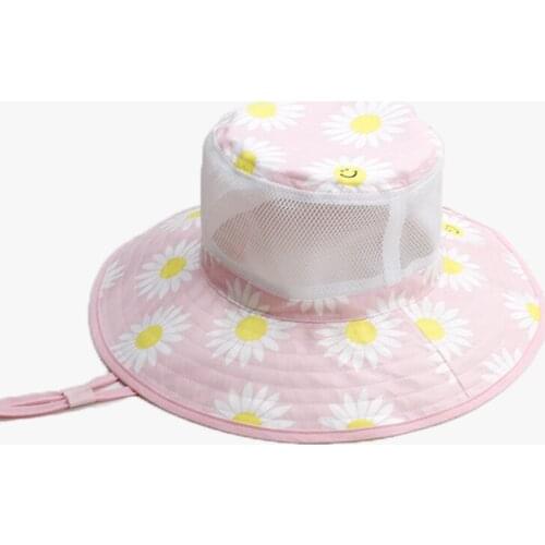 Summer Hat Girl Sun Beach Pink Bucket Hat Kids Wide Brim String UV Protection Flowers Outdoor Accessory For Toddlers Swimming