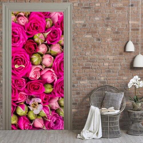 Hot Free Shipping Wholesales Door Sticker Pretty Pink Roses Door Picture Mural Sickers Photo Wallpaper Poster