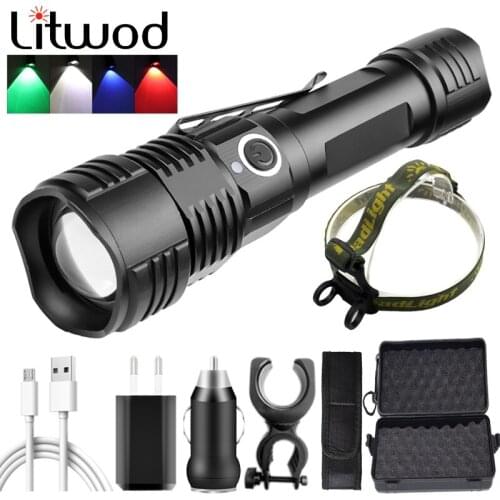 Multi-functional Tactical Hunting LED Flashlight 4 Colors in One Power 18650 AAA Battery USB Rechargeable Torch Zoomable Lantern