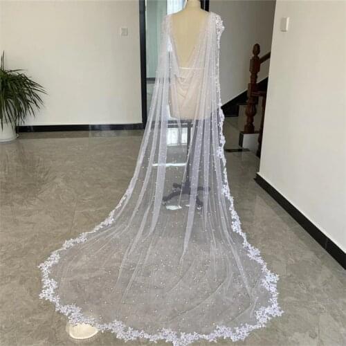 Real Photo Bridal Cape Veils Pearls White Ivory Tulle Lace Edge Luxury Starry Wedding Capes Shoulder Veils for Brides Long 3 4 m