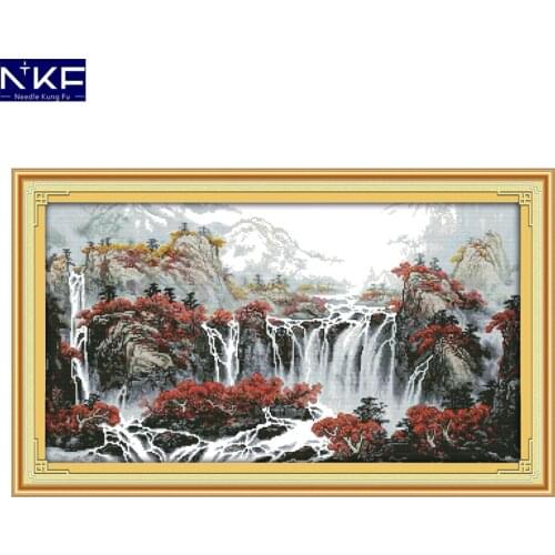 NKF Autumn Mountain with Fountains Chinese Cross Stitch Pattern DIY Kits Needlework Embroidery Cross Stitch Sets for Home Decor