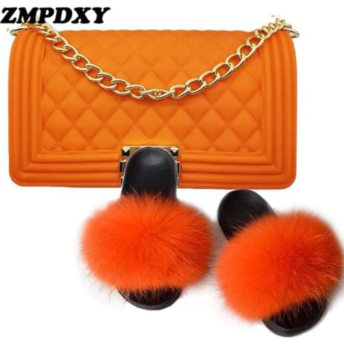 New Arrival Jelly Purse Women Real Fox Fur Slides Candy Color PVC Jelly Shoulder Bag Handbag Ladies Cute Plush Furry Slippers