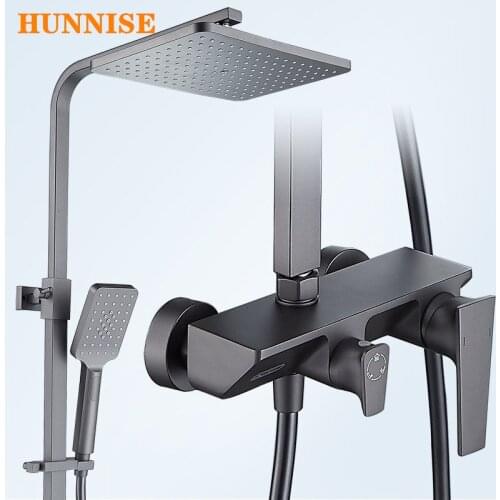 Simple Shower Set Square Hot and Cold Shower Set Deep Grey Color Brass Shower Mixer Lifting Stainless Steel Bar Bath Shower Set