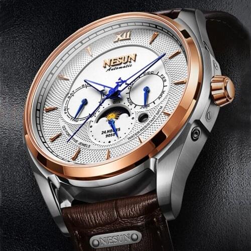 Luxury Brand Switzerland NESUN Automatic Mechanical Mens Watches Multi-function 50M Waterproof Moon Phase Luminous Clock N9050