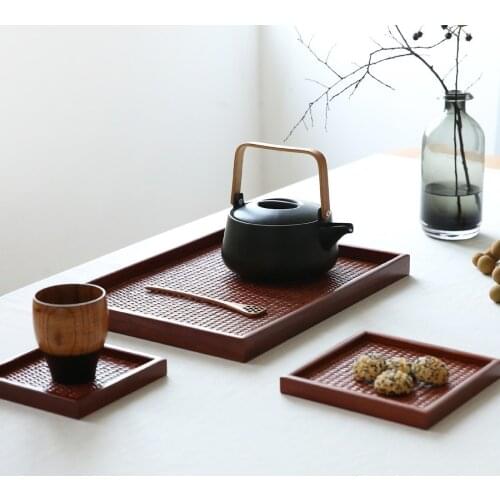 Japanese Style Rattan Tea Tray Fruit Bread Snack Dessert Serving Tray Handmade Wooden Plate Kitchen Organizer Tool Home Decor