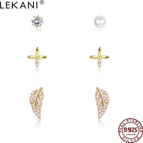 LEKANI 925 Sterling Silver Earrings For Women Sparkling Wing Flower And Zircon Pearl Stud Earring Set Hot Sale Fine Jewelry