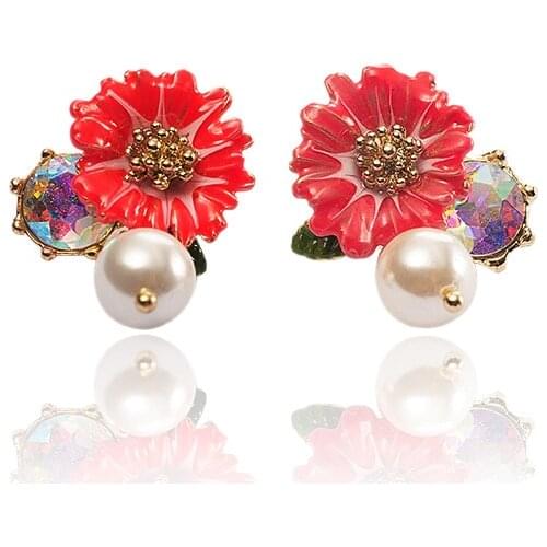 2021 Korean Version Of The New Pearl Earrings Korean Temperament Simple Enamel Color Glaze Flower Ear Stud Prevent Allergy Needl