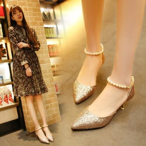 Taomengsi New Taomengsi high-heeled thin-heeled womens shoes one word buckle pearl foot ring gold single SIZE 34-40