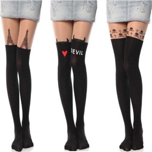 Cute stitching printing fake high tube socks breathable anti-off silk bottoming pantyhose