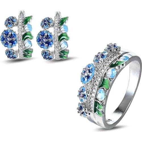 New handmade fashion Enamel cloisonne flower S925 ring earrings earrings women engagement banquet jewelry set