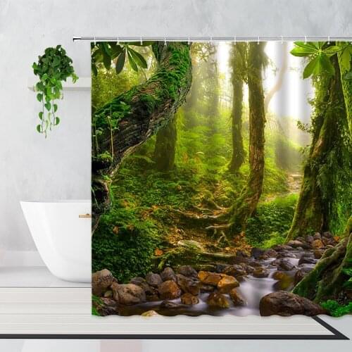 Forest Natural Scenery Shower Curtain Green Plants Tree Landscape 3D Printing Bathroom Decor Waterproof Bath Curtains With Hooks