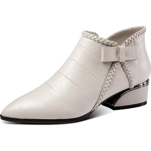 Pointed Toe Beige Square Heel Women Boots 2021 Fashion Butterfly-knot Ankle Boots Zipper PU Leather Rubber Zapatos Mujer shoe