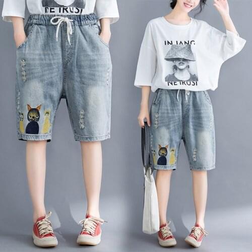6862 Women Summer Denim Shorts Cartoon Cat Embroidery Hole Cute Sweet Girl Student Bleached Light Blue Drawstring Straight Thin