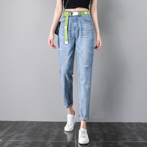 Womens Ripped Harem Jeans 2021 Light Blue High Waist Classic Style Fashion Casual Straight Pants Ladies Brand Trousers+Belt