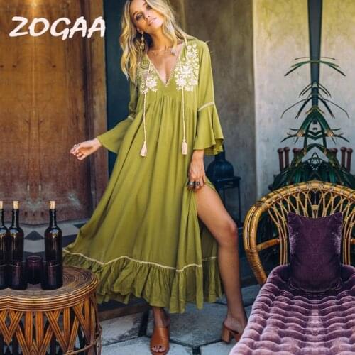ZOGAA 2019 Summer Boho Maxi Dress Women Floral Embroidery V-Neck Tassel Ruffles Beach Dresses Elegant Chic Cotton vestidos festa