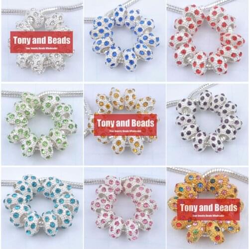 10Pcs=1lot ! ) Silver Plated Alloy Rhinestone Big Hole Charm Beads 5mm Fit Charms European Bracelet DIY 12*12*6MM No.ECB1