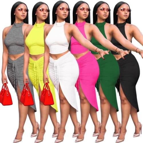 2 Pieces Suit Set Female Solid Color Round Collar Short Vest+ Hip Skirt with Drawstring for Summer Plus Size S-XXL