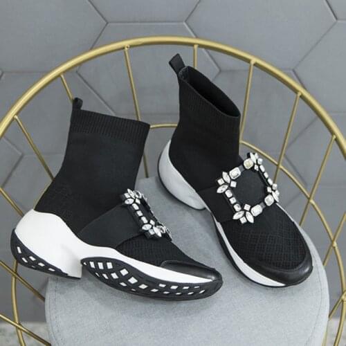 2020 New autumn winter shoes womens boots rhinestones square buckle thick bottom increase knitted stretch sock boots