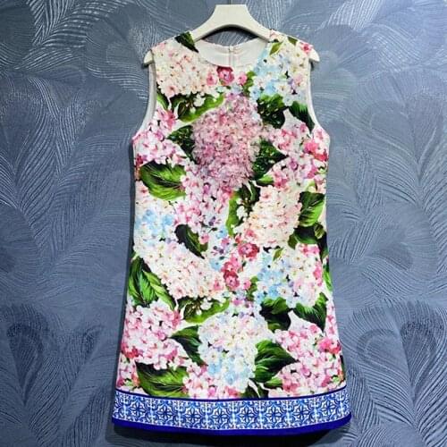2021 Fashion Designer Mini Dress Women 2021 Summer Beading Crystral hydrangea Printed Sleeveless Sexy Dresses