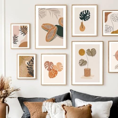 Boho Wall Art Print Canvas Painting Abstract Monstera Leaf Papaya Mountain Sun Nordic Poster Wall Pictures For Living Room Decor