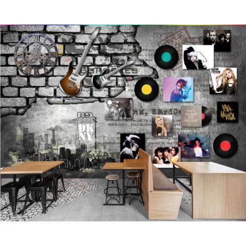 CJSIR Custom 3d Wall Paper European Retro Rock Music Record Brick Wall Clock Bar Background Wall Painting Decoration Decors