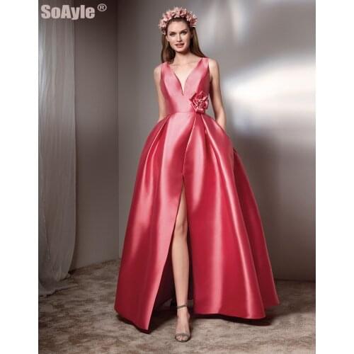 Graceful Pink Evening Dress Deep V Neck Sleeveless Pleated Slim Prom Party Gown Split Side Formal Dress Plus Size SoAyle