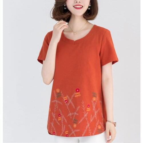 2021 Summer Womens T-shirt Tops Large Size Cotton LINEN Loose Short-Sleeve T-shirt Female Printed T-shirt Basic M-4XL X202