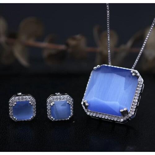 Geometric Square Opal Stones Jewelry Sets For Women Pendant Necklace Stud Earrings Crystal Opal Elegant Gift Fashion Jewelry