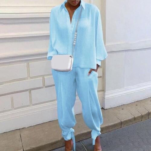 Long Sleeve Soft Solid Color Women Suit Ribbed Lace Up Hem Top women suit set elegant pant sets for Office Black xxl