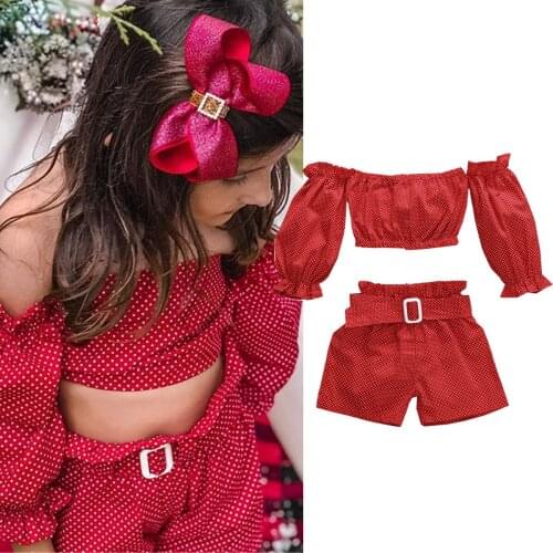 2020 Cute Infant Baby Girl Clothes Summer Kid Off Shoulder Crop Tops + Belt Shorts Outfit Sunsuit Clothes Fashion 2pcs For 1-5Y