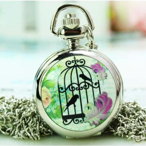 Fashion women silver enamel bird cage pocket watch necklace birdcage drawing hour clock wholesale buyer price good antibrittle
