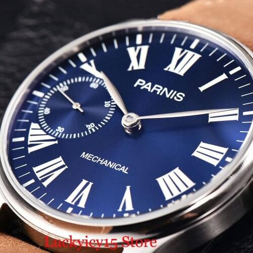 PARNIS Mechanical Hand Winding Mens Watch Luminous Mraks 44mm Wristwatch Leather Strap 6497 Movement