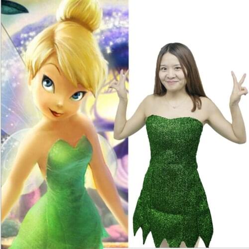 2019 New Pixie Fairy Cosplay Costume Tinker Bell Green adult Dress Tinkerbell Halloween Party Sexy Cosplay Mini Dresses With Wig