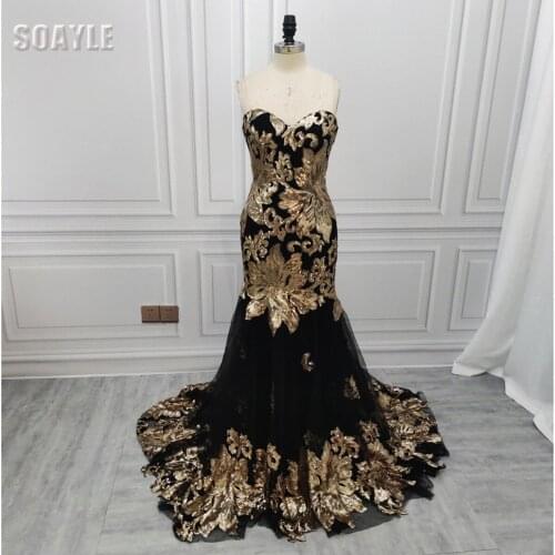 Prom Dresses for Black girls Evening Dress Long Gold Sequin Applique Sweetheart Gown 2021