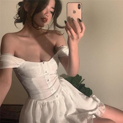 JMPRS Sexy White Off Shoulder Dress High Waist Elegant Button Pleated Mini Dress Straps Sleeveless Ruffles Outfits Vestidos 2021
