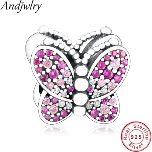 Fit Original Pandora Charms Bracelet 925 Sterling Silver Charms Dazzling Pink Butterfly Beads for DIY Making Women Berloque