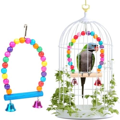 Natural Wooden Pet Bird Parrots Swing Toy Birds Perch Hanging Cage Accessories with Colorful Beads Bells Bird Supplies