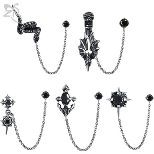 ZS Double Piercing Stud Earrings with Long Chain Mens Dangle Ear Stud Jewelry Stainless Steel Earring for Men CZ Jewellry 1 Pcs