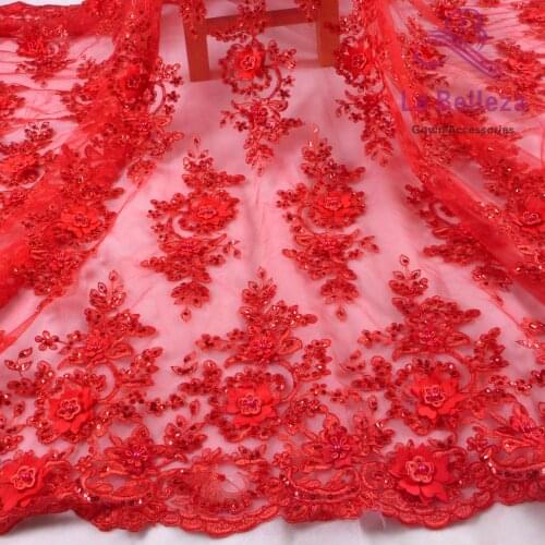 La Belleza handmade BLue,red 3D flowers/beaded wedding/evening dress lace fabric 49'' width 1 yard