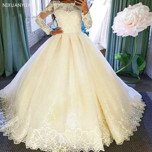 Vestido De Noiva Bling Shiny Ball Gown Wedding Dresses Ball Gown Vintage Lace Wedding Gown Long Sleeve Scoop Robe De Mariee