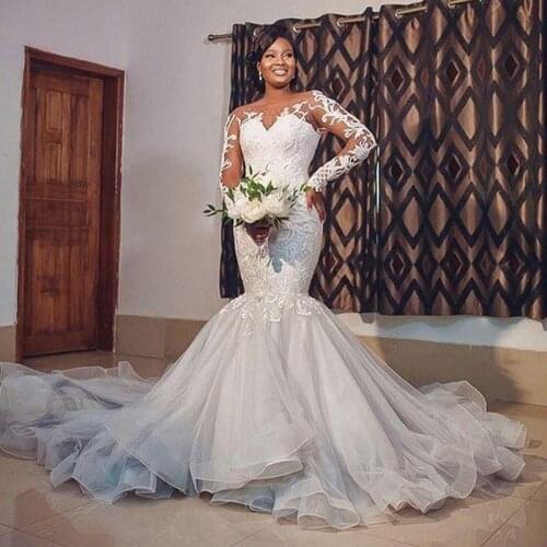African Mermaid Wedding Dresses Lace Appliqued Plus Size Wedding Gowns Long Custom Made Vestidos De Novia