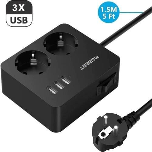 EU Multi Power Strip with 2 Outlet 3 USB Ports and 1.5M /5ft Cord Extension Travel Portable Power Socket Overload Protection