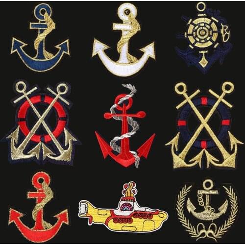 Gold Anchor Embroidered Patches for Shirts Military Army Ironing on Badges Clothes Stickers Sewing Appliques Cute Patch for Hats
