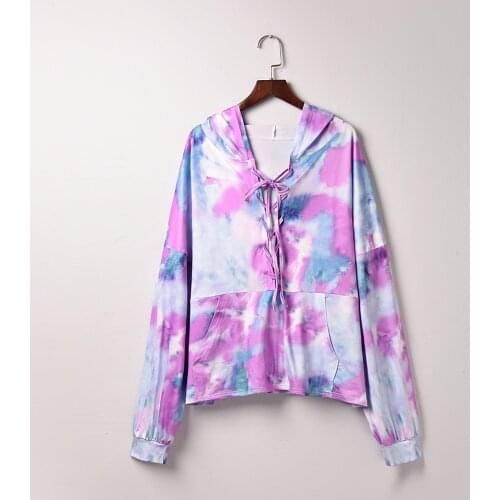 Plus Size Womens Hoodie Sweetshirts Autumn Winter Tie-dye Bandage Long Sleeve Pockets Drawstring Hoodie Sudaderas Con Capucha