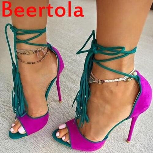 Newest Flock Tassel Fashion High Heel Runway Sandals Women Peep Toe Ankle Strap Summer Sexy Lace Up Party Ladies Shoes Big Size
