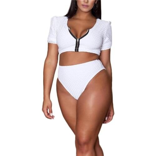 2021 Plus 2 Pcs Women Sexy Mesh Bathing Suits Adults Hollow Out Short Sleeve Round Neck Zip Crop Top + High-waisted Thong
